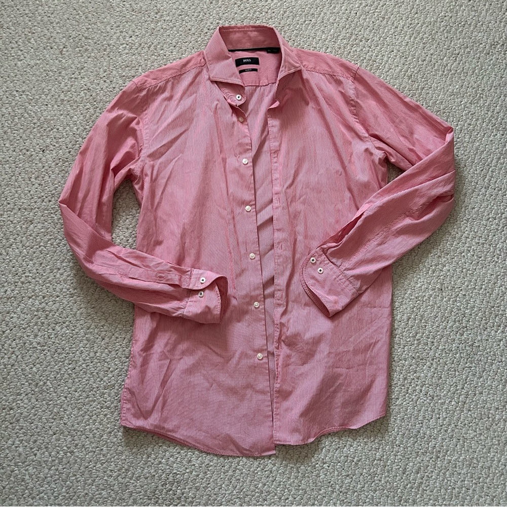 BOSS Men’s Slim Fit Red Striped Buttoned Long Sleeve Shirt - Size 40